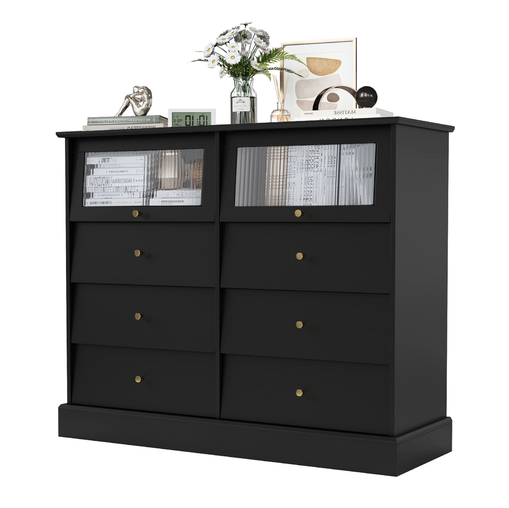 Black 8 Drawer Glass Door Wood Dresser P7564
