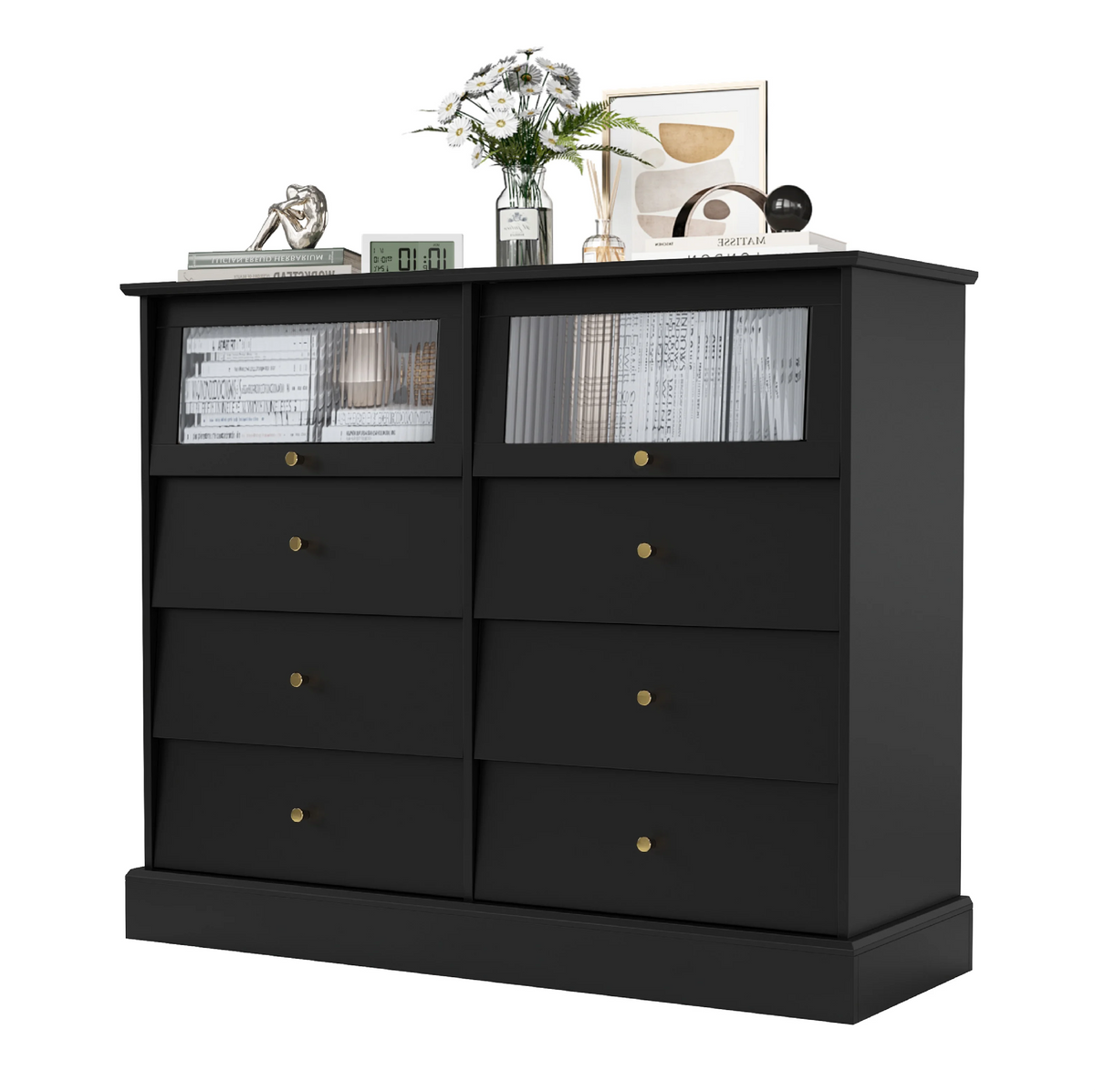 Black 8 Drawer Glass Door Wood Dresser P7564
