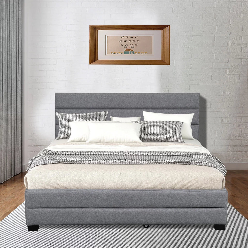 Queen Upholstered Platform Bed with Trundle and Two Drawers Grey L852