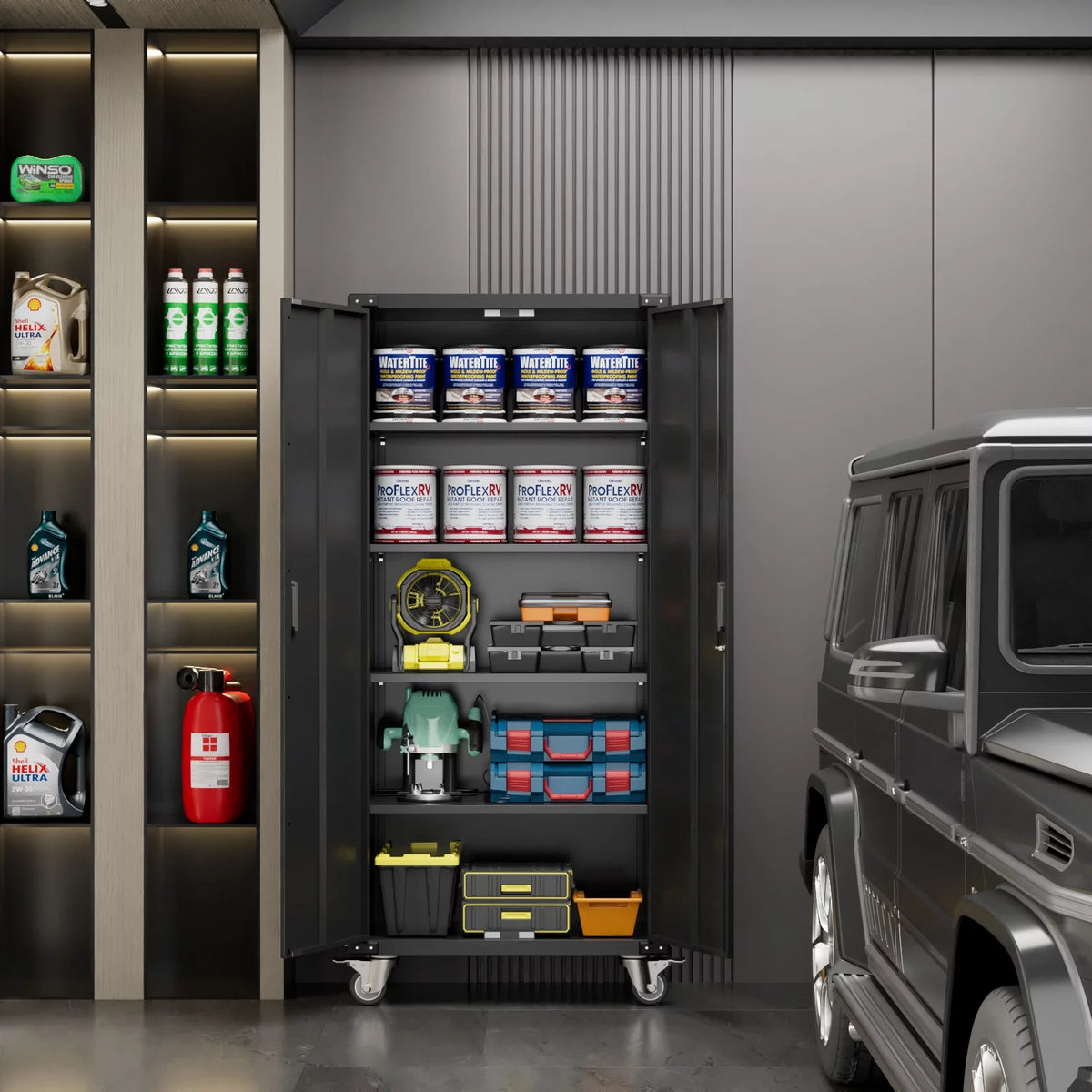 Metal Storage Cabinet with Lock, 72In Steel Storage Cabinet with Wheels, Black G315978