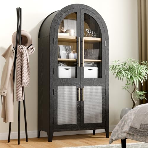 Black 63" Tall Arched Glass Door Storage Cabinet with 2 Rattan Drawers X143461