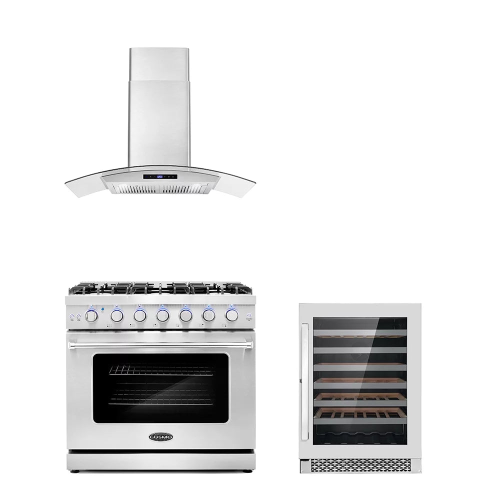 3 Piece Kitchen Appliance Package with Gas Range Range Hood and Wine Refrigerator W493