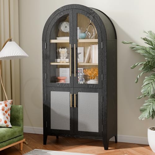 Black 63" Tall Arched Glass Door Storage Cabinet with 2 Rattan Drawers X143461