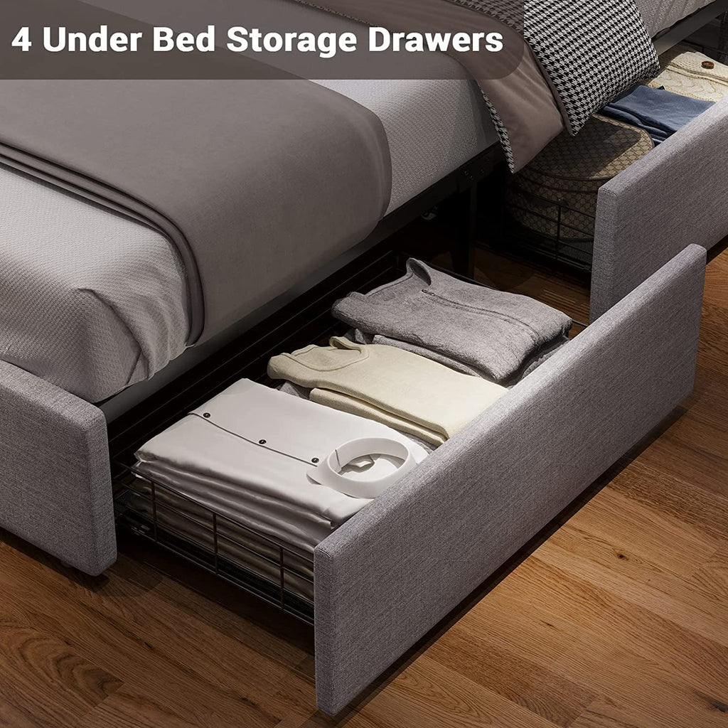 Full Bed Frame with LED Lights Headboard, USB Charging Station and 4 Drawers J956371