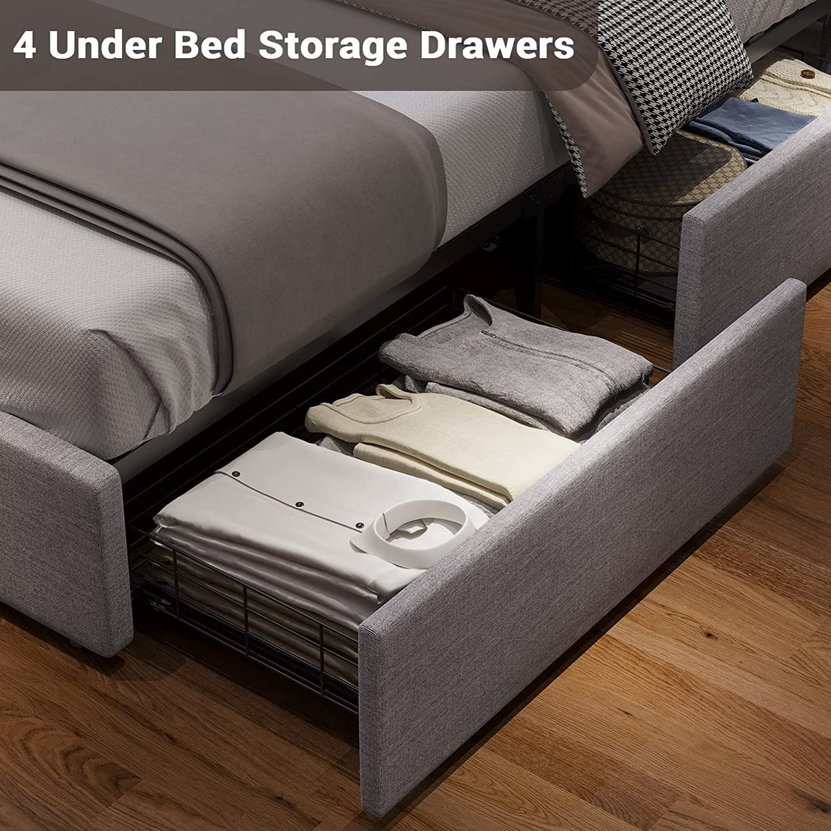 Full Bed Frame with LED Lights Headboard, USB Charging Station and 4 Drawers J956371