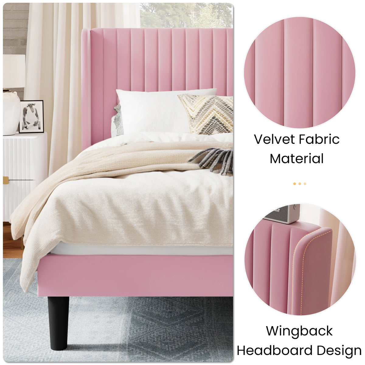 Queen Size Velvet Upholstered Platform Bed Frame Y714365
