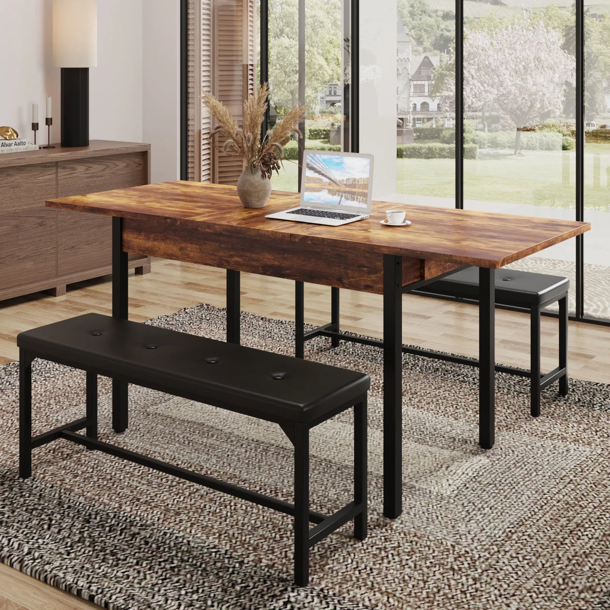 3-Piece Extendable Dining Table Set with Drawer and 2 Upholstered Benches D13119