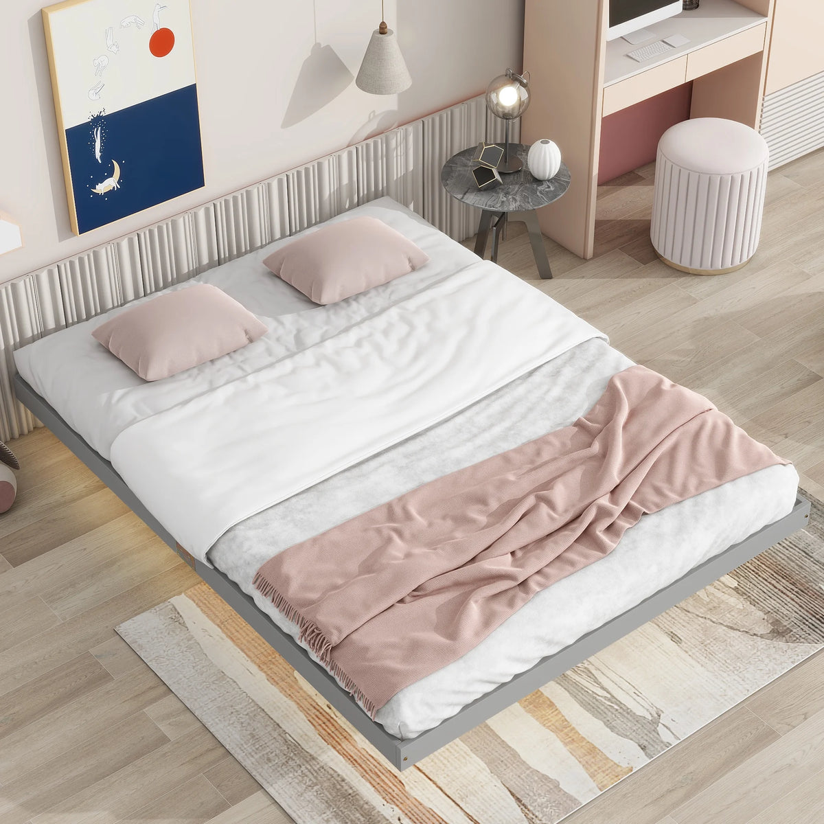 Queen Size Grey Floating Platform Bed with LED Lights M701