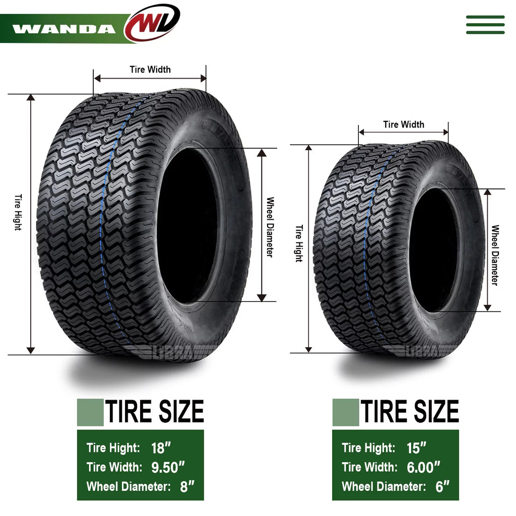Set of 4 Lawn Mower Turf Tires 15x6-6 Front & 18x9.5-8 Rear M937427