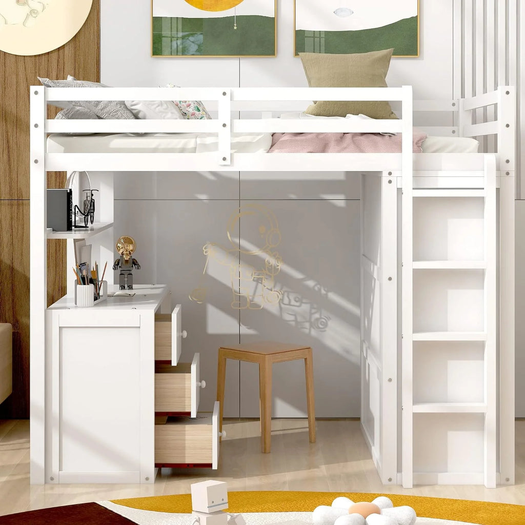 White Solid Wood Loft Bed with Desk, Wardrobe and Storage Drawers I791