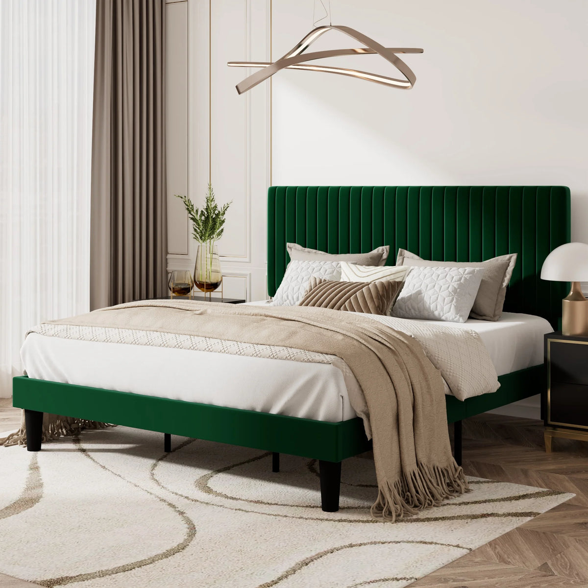 Queen Size Black Velvet Upholstered Platform Bed Frame A54442