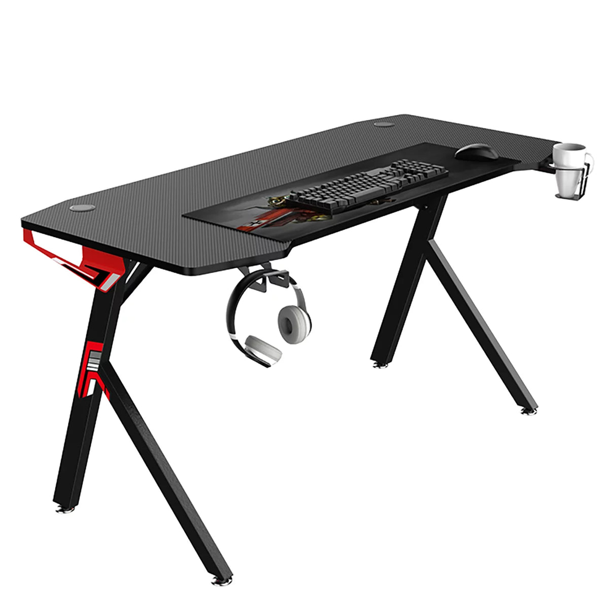 Gaming Desk Computer Desk Table with Headphone Holder, Cup Holder, Black Panel, Mouse Pad G969