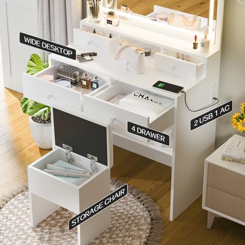 White Vanity Desk with Lighted Mirror and Charging Station H44138