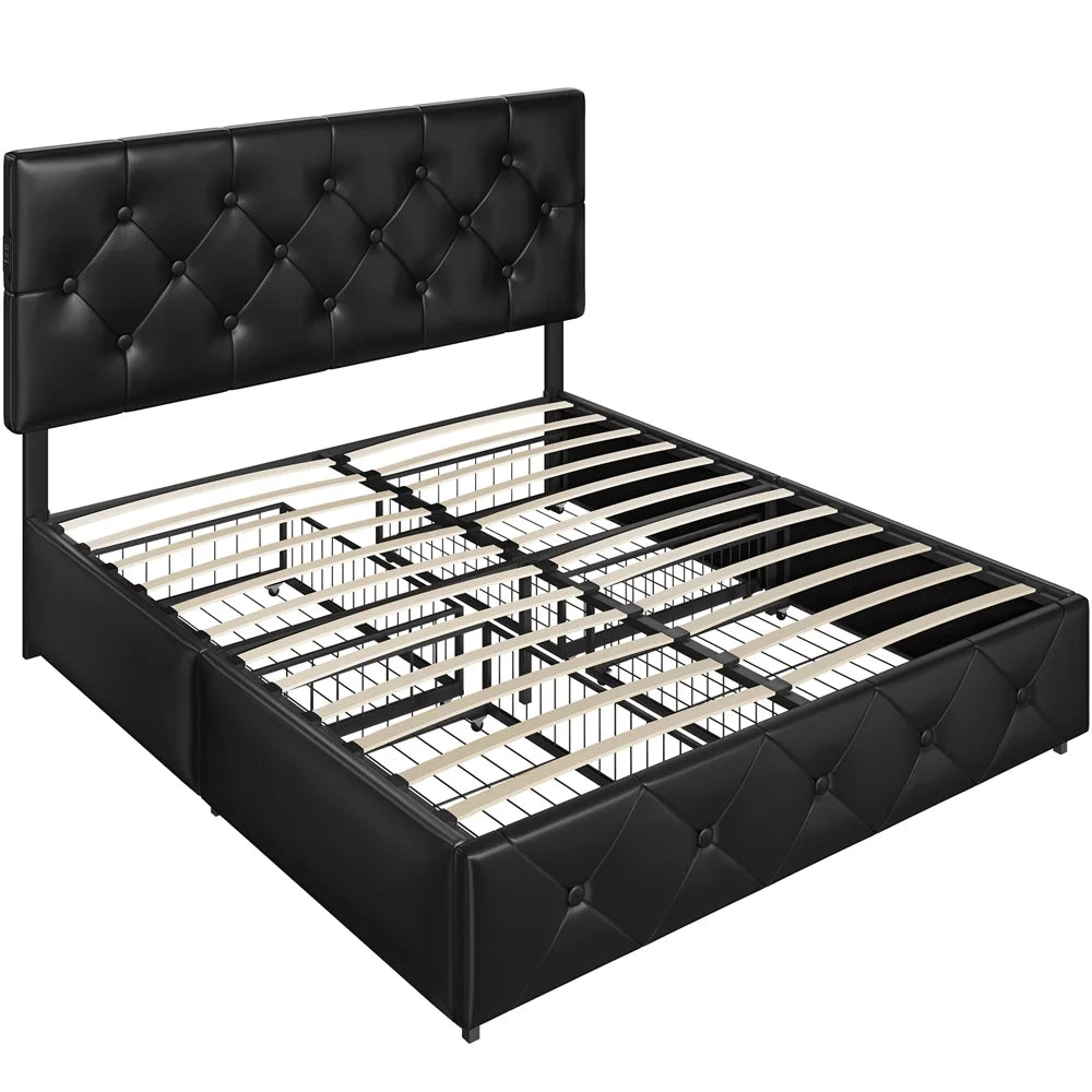 Black Upholstered Queen Bed with 4 Storage Drawers and USB Ports Q44349