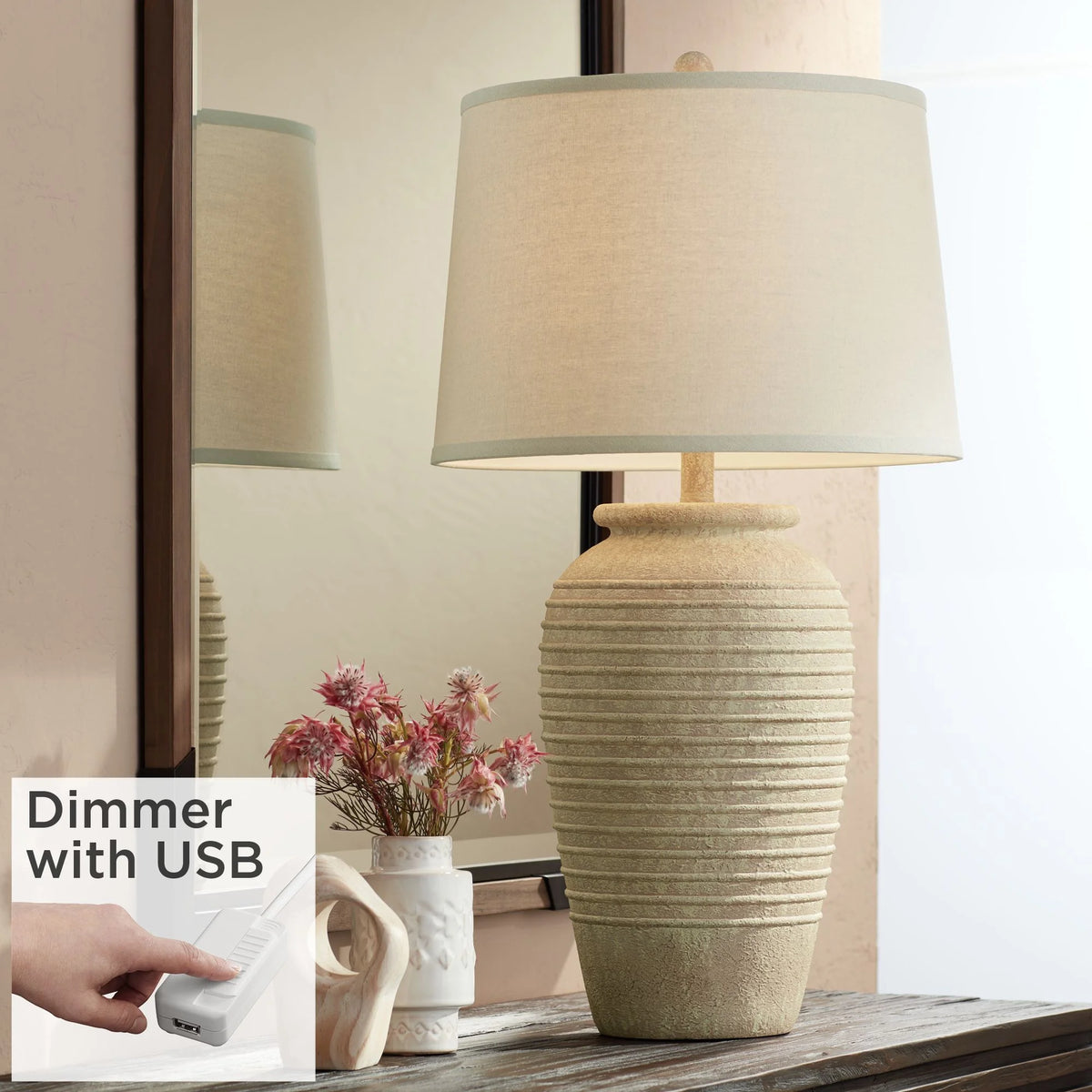 Table Lamp with USB Charging Port 28" Tall Linen Drum Shade W590768