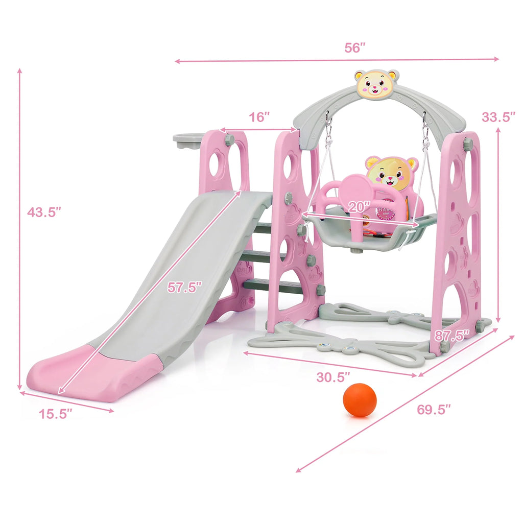4-in-1 Toddler Climber and Swing Set with Basketball Hoop Pink V27059