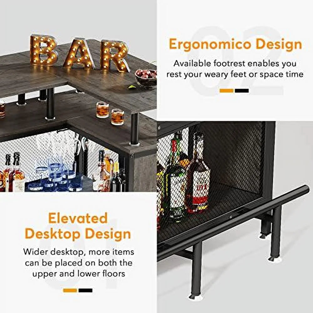 L-Shaped Liquor Table with Stemware Racks and 2-Tier Shelves Black H867118