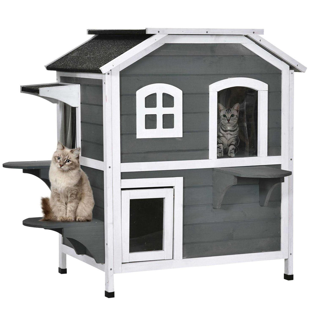 Wooden 2-Story Outdoor Cat House with Escape Door H32088