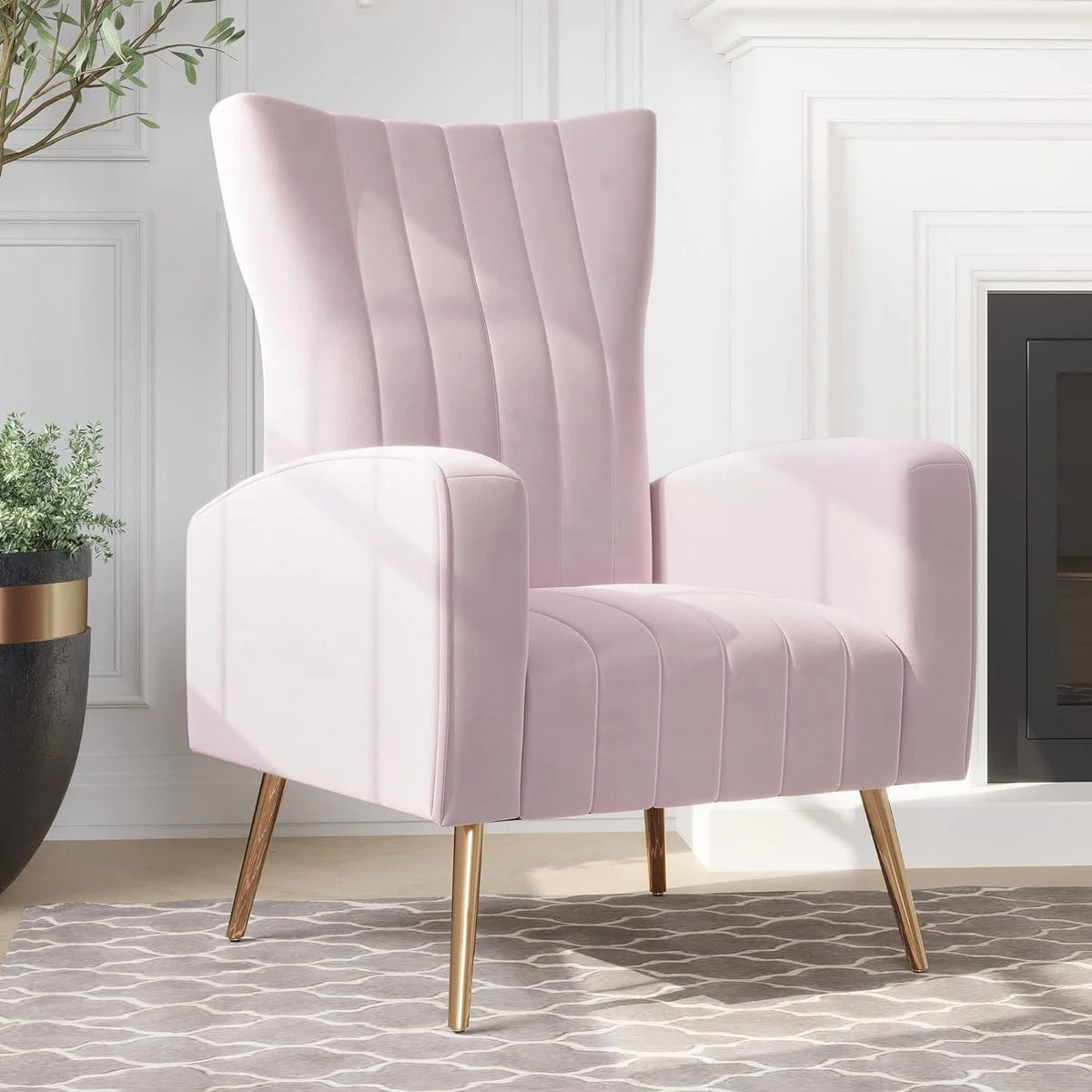 Pink Velvet Upholstered Accent Chair with Metal Legs E68911