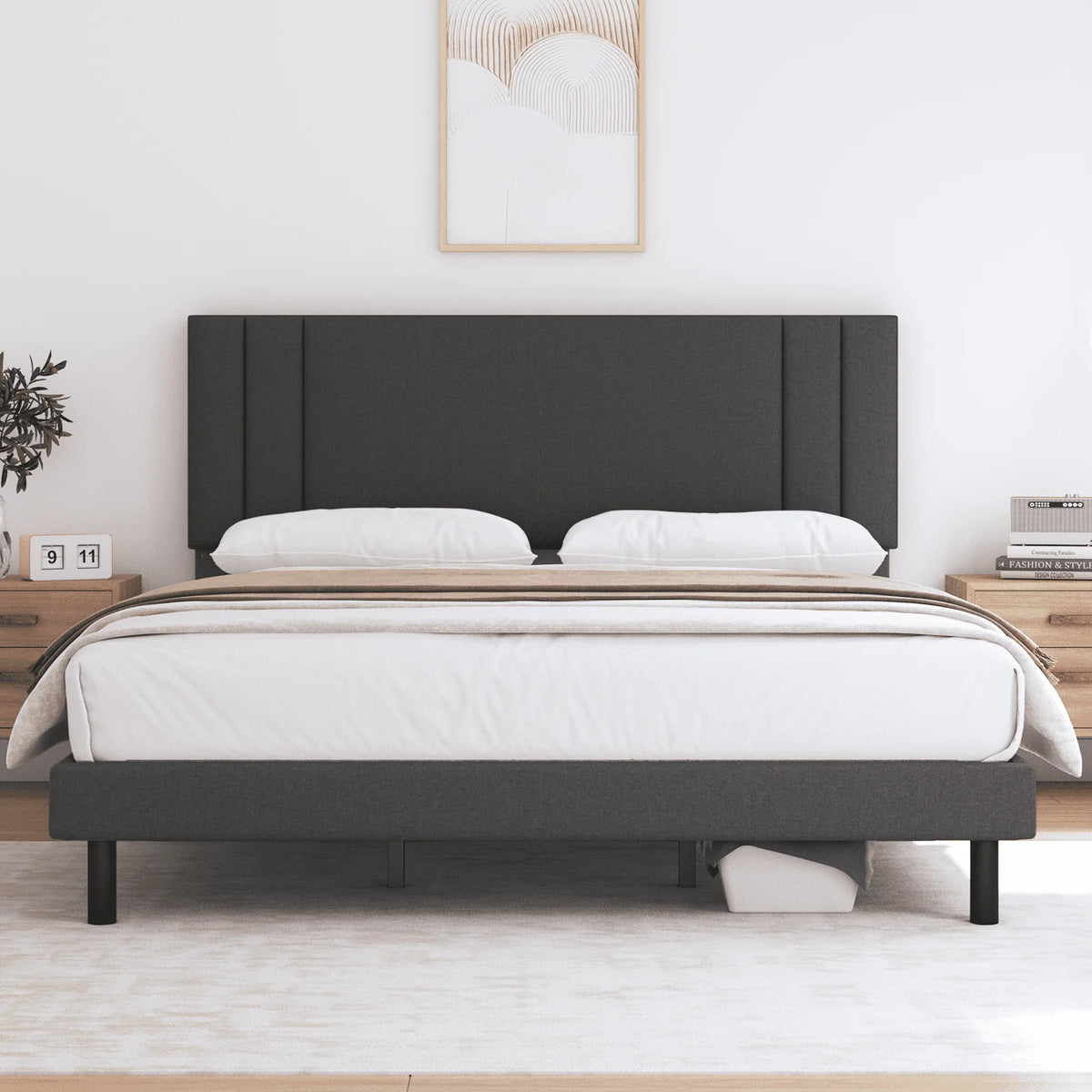 Full Size Platform Bed Frame with Fabric Upholstered Headboard R930