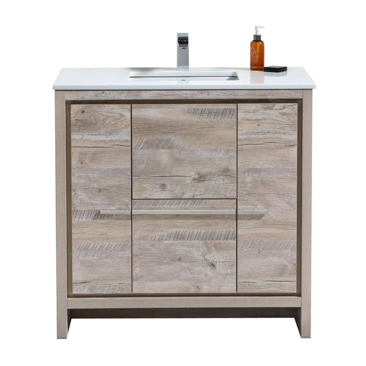 36 in. Nature Wood Bathroom Vanity with White Quartz Counter Top Q79587