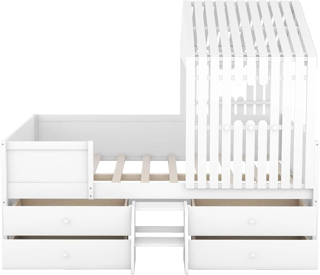 White Full Size Wood House Bed with 4 Drawers X615