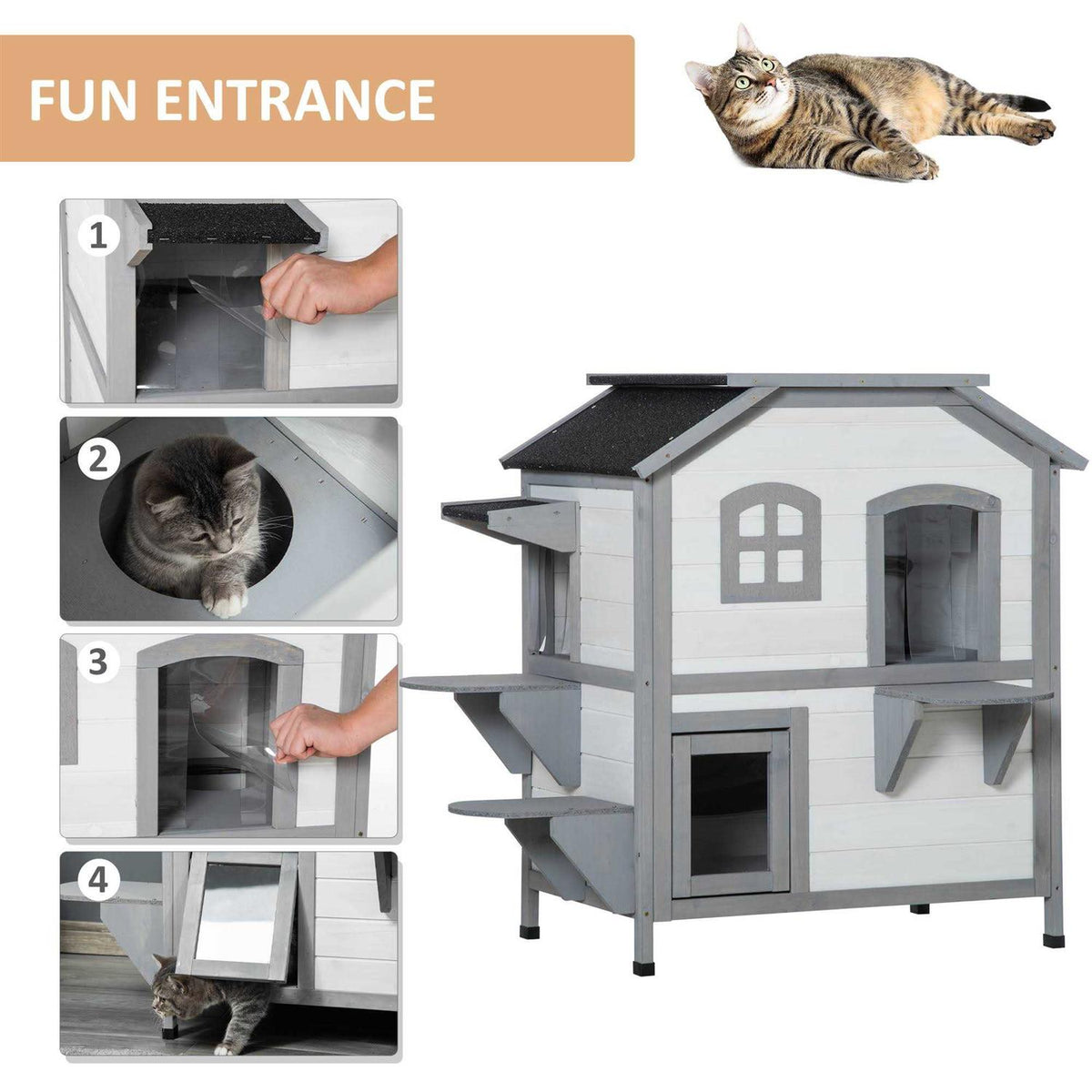 Wooden 2-Story Outdoor Cat House with Escape Door H32088