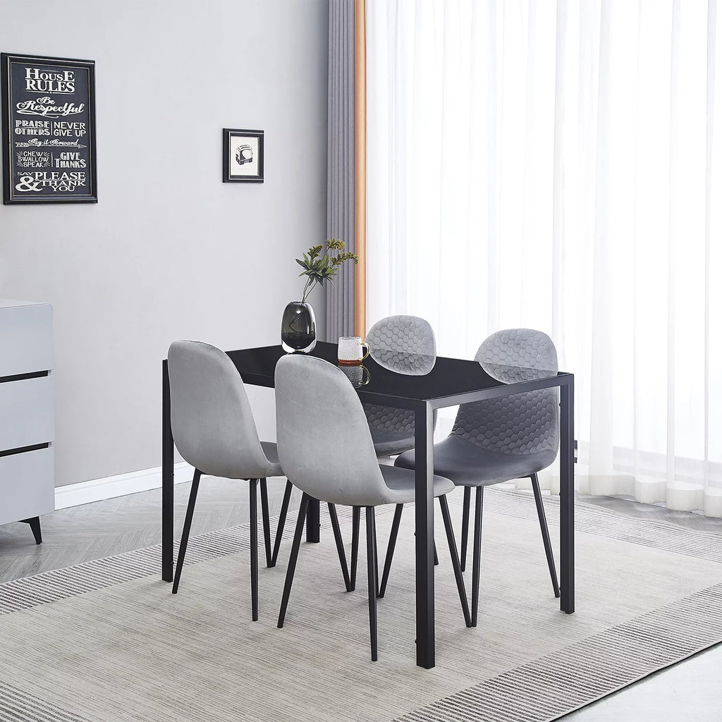 5 Piece Glass Dining Table Set with 4 Velvet Chairs E221470