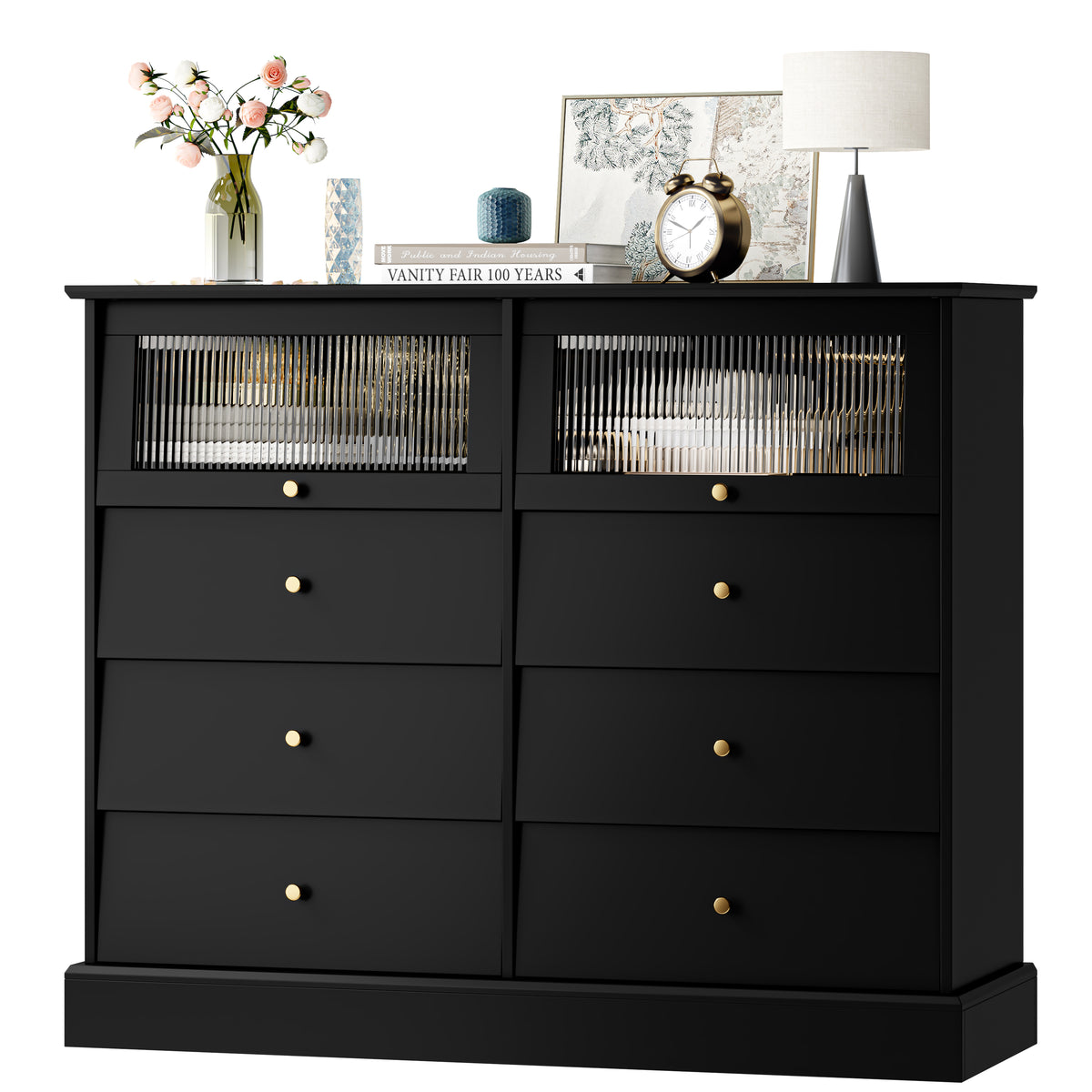 Black 8 Drawer Glass Door Wood Dresser P7564