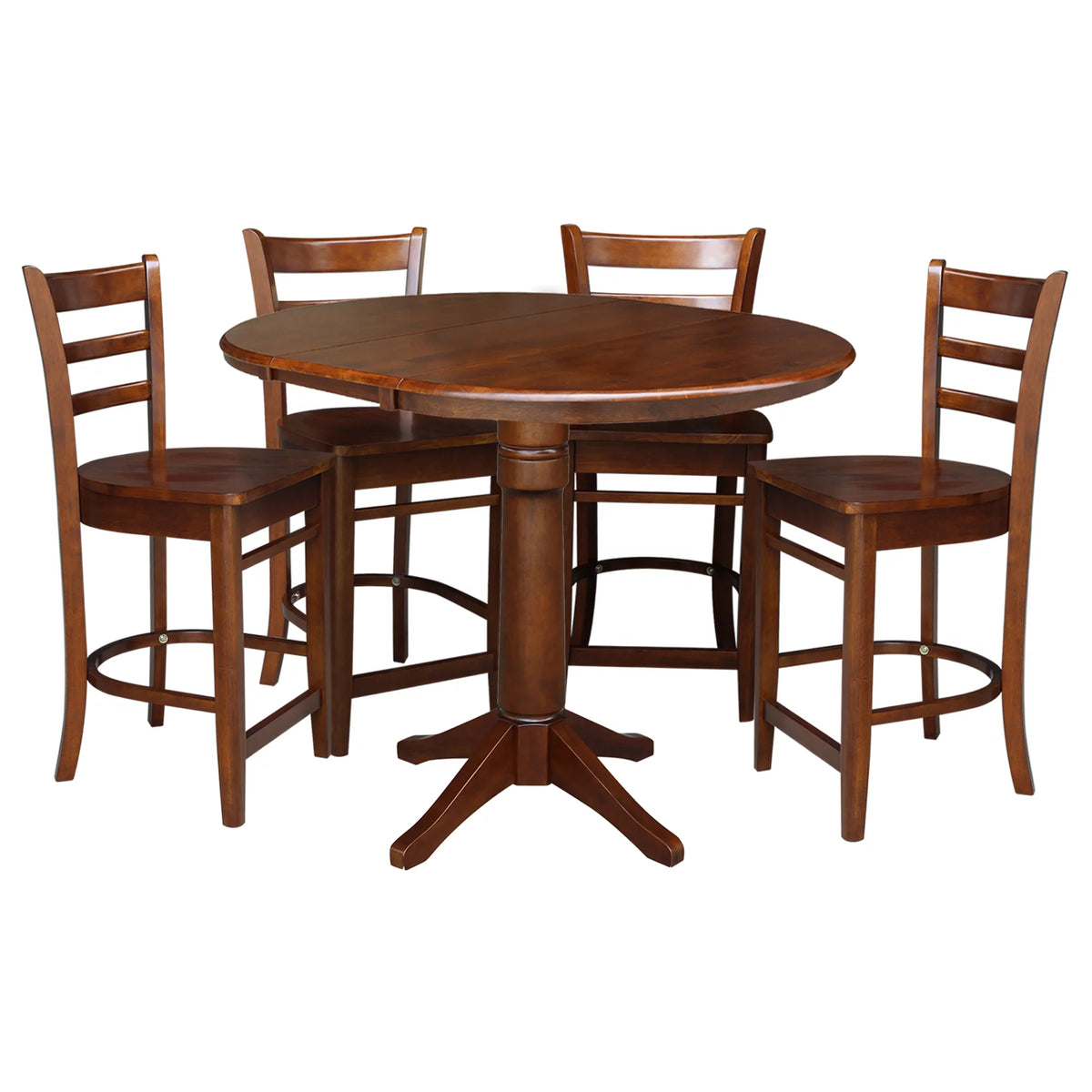 Espresso Round Solid Wood Extension Dining Table with 4 Counter Height Stools Q4397