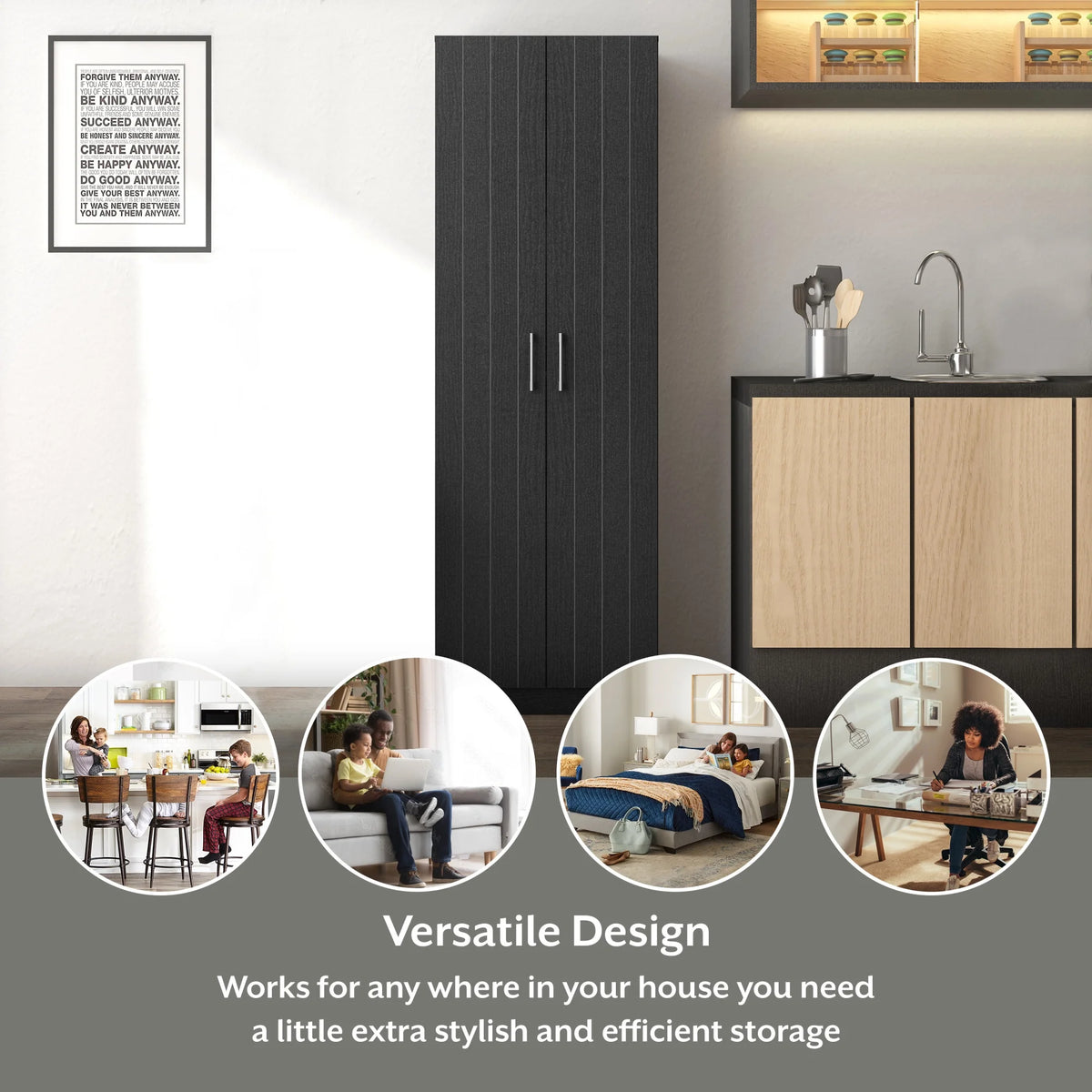 Black Oak Wood Kitchen Pantry with 2 Doors and 4 Shelves O12080