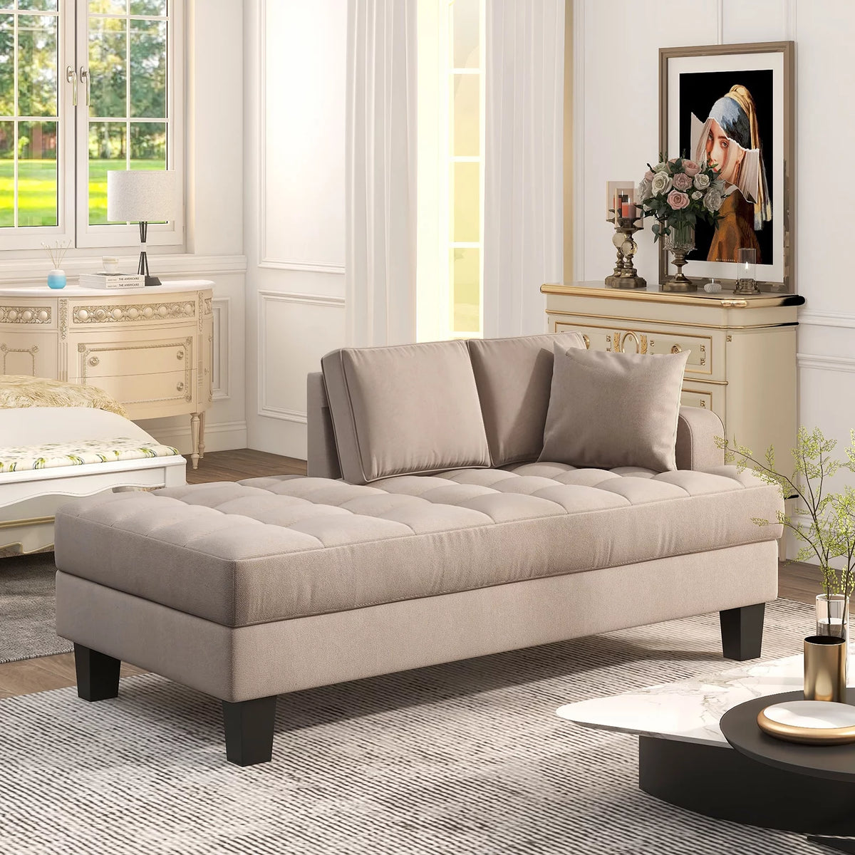 Warm Grey Tufted Chaise Lounge with Toss Pillow N760830