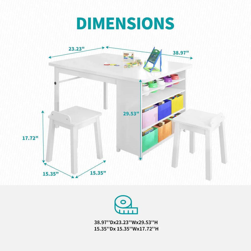 Kids' Art Table and Stools Set, Wooden Drawing Desk with Paper Roller and Storage Bins T77399