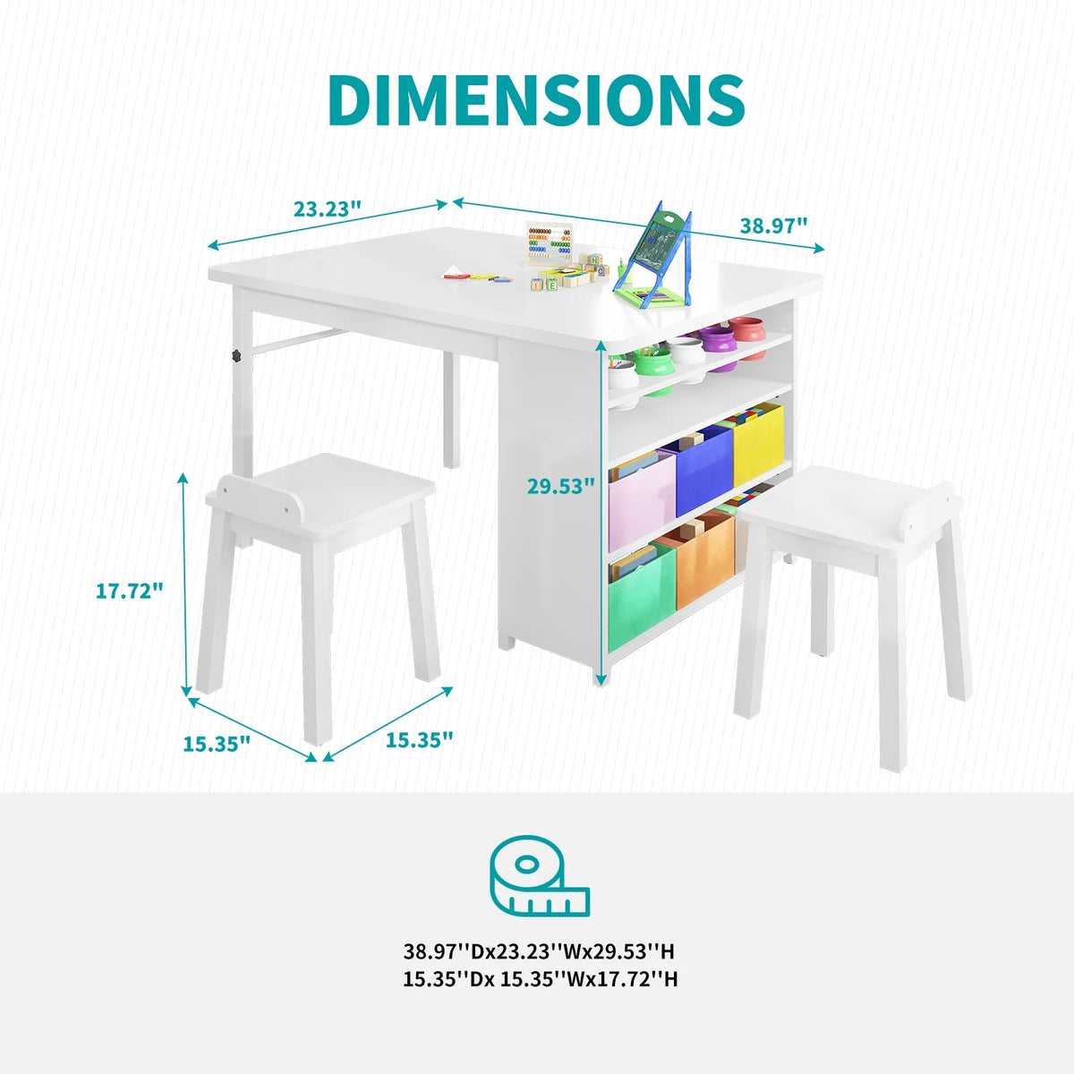 Kids' Art Table and Stools Set, Wooden Drawing Desk with Paper Roller and Storage Bins T77399