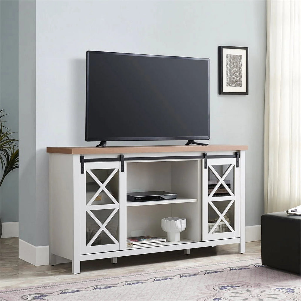 Mid-Century Wood 58" White and Golden Oak TV Stand X988