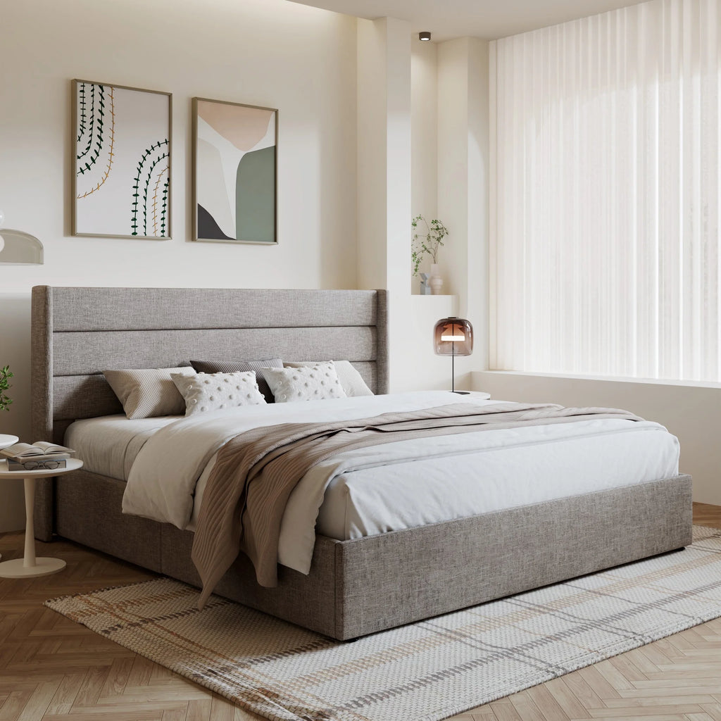 King Size Upholstered Lift up Storage Platform Bed Frame with Wingback Headboard, Beige E994121