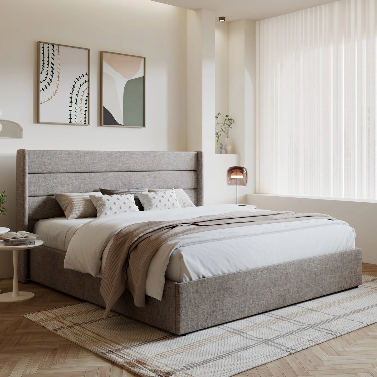 King Size Upholstered Lift up Storage Platform Bed Frame with Wingback Headboard, Beige E994121