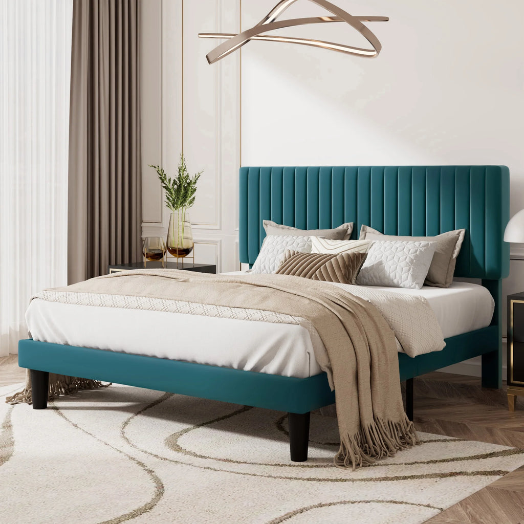 Queen Size Black Velvet Upholstered Platform Bed Frame A54442