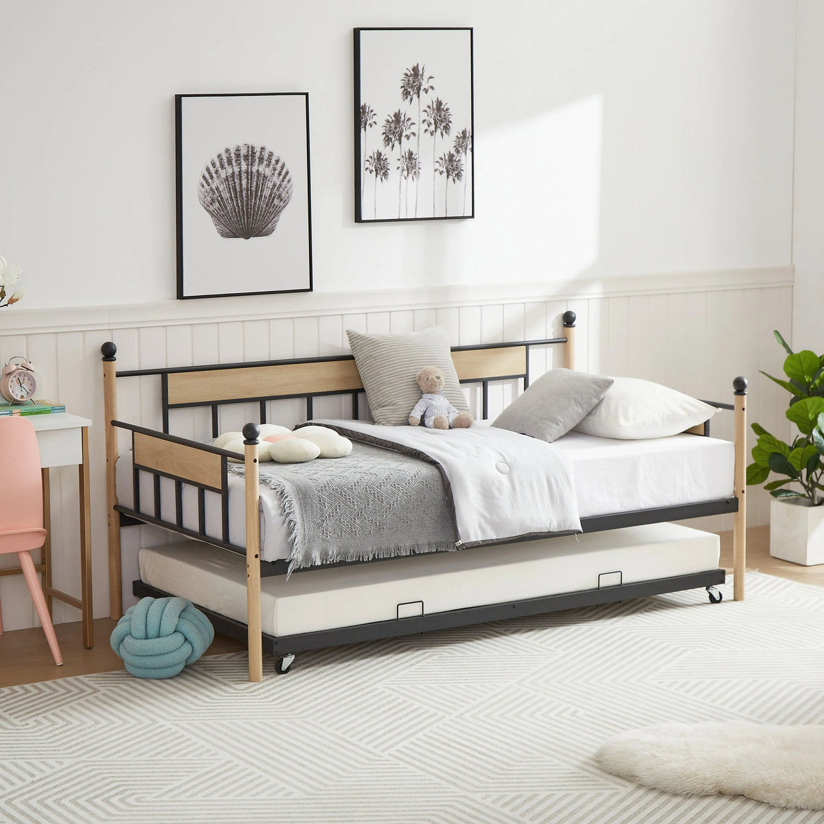 Twin Size Black Metal Daybed with Trundle J556762