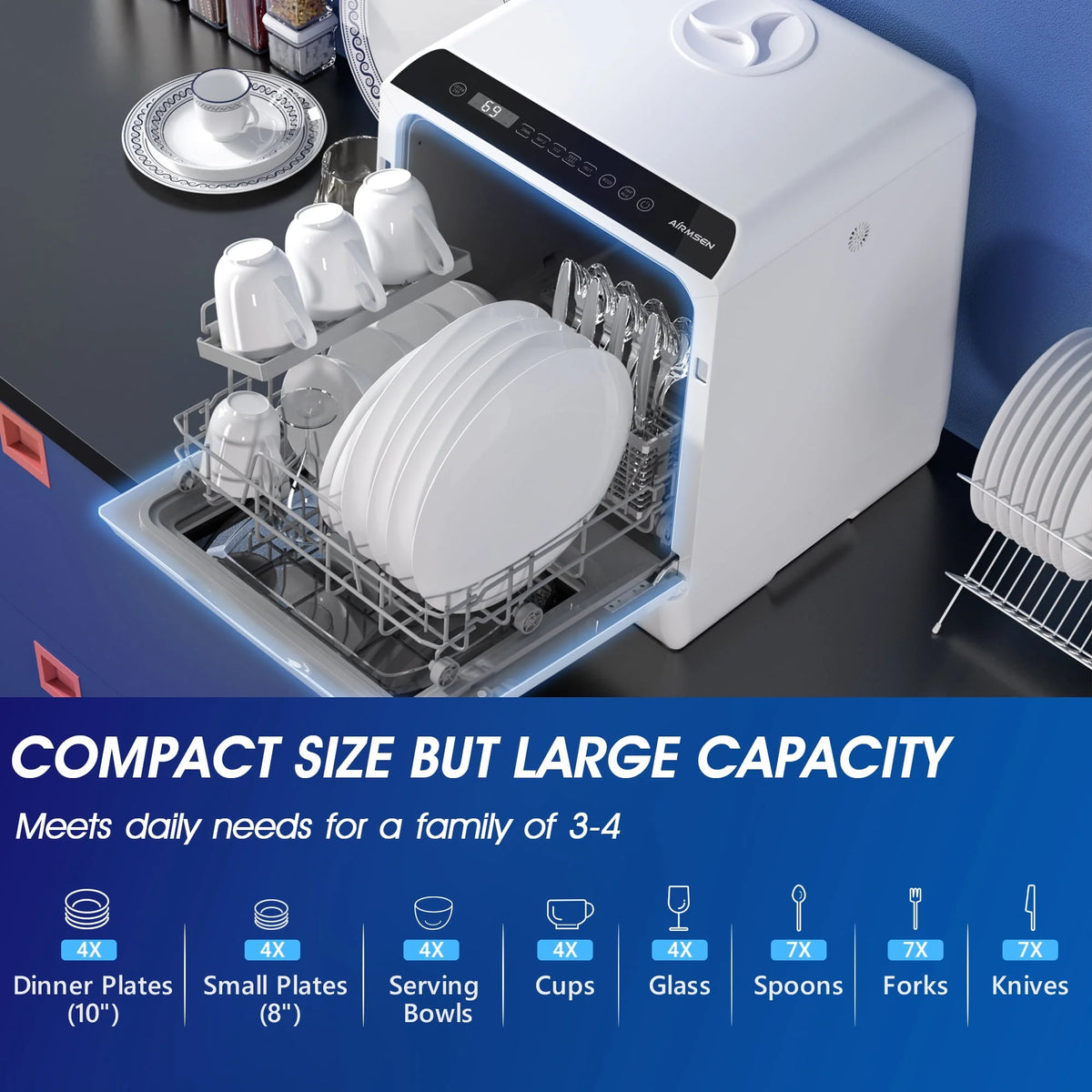 Portable Countertop Dishwasher with 5L Built-in Water Tank, 5 Place Settings, 7 Programs, White E237885