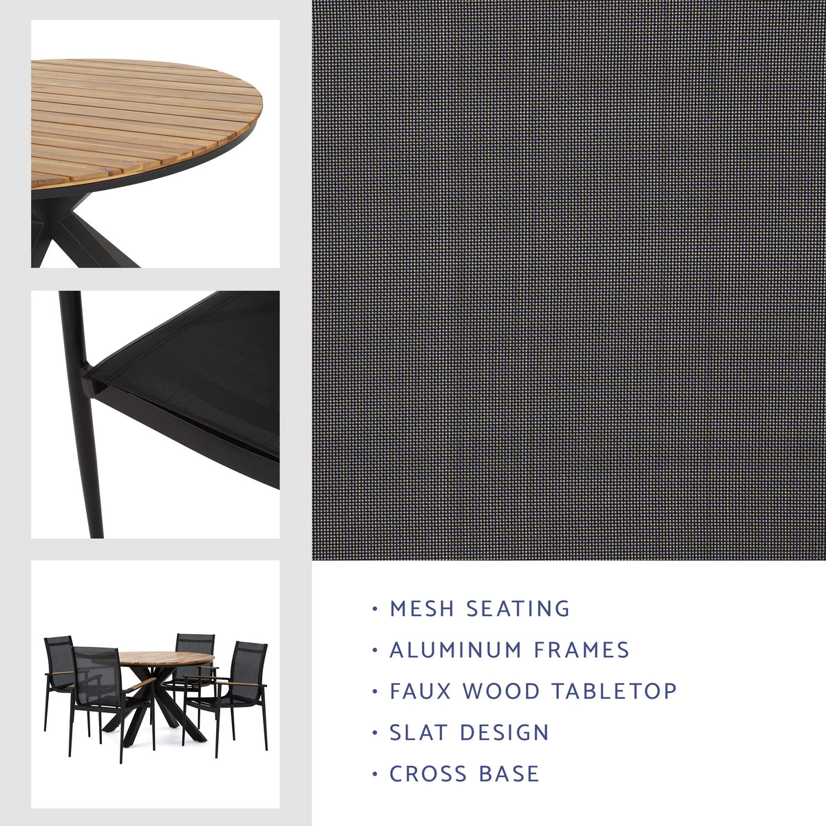 Black and Teak 5 Piece Mesh and Acacia Wood Dining Set E9996