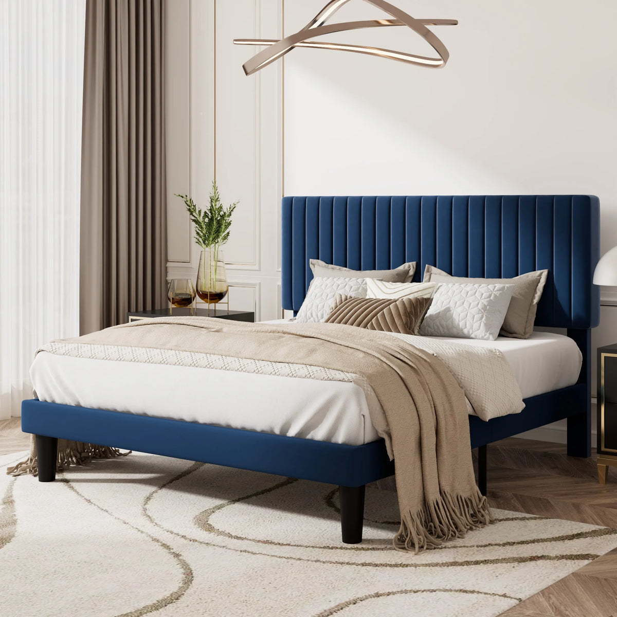 Queen Size Black Velvet Upholstered Platform Bed Frame A54442