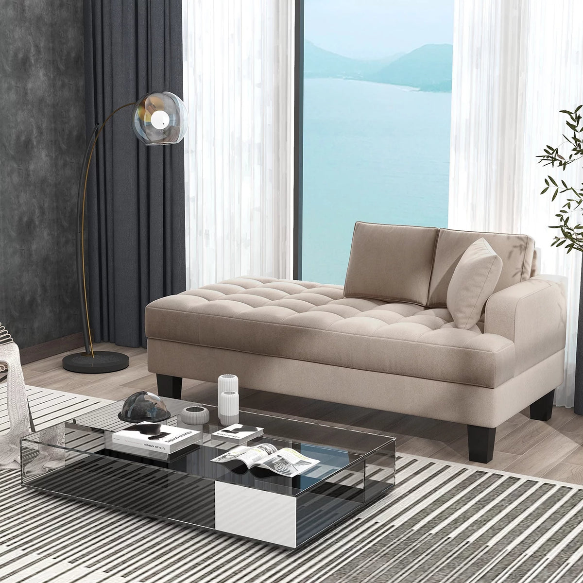 Warm Grey Tufted Chaise Lounge with Toss Pillow N760830